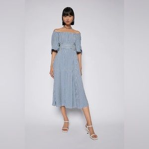 Scanlan Theodore Blue Gingham Off-Shoulder Midi Dress